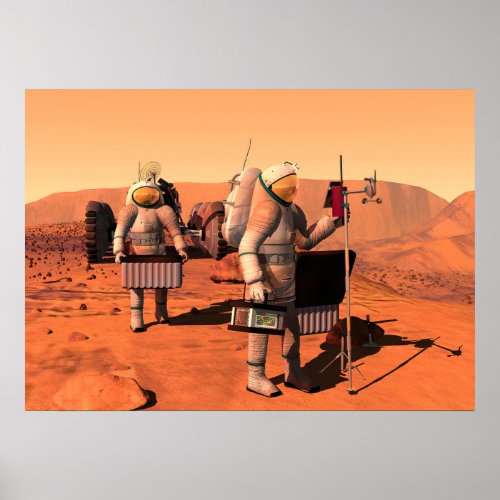 Astronauts Setting Up Weather Equipment On Mars Poster