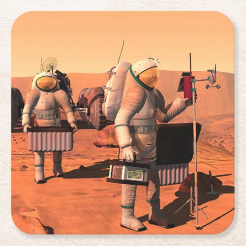 Astronauts Setting Up Weather Equipment On Mars Square Paper Coaster