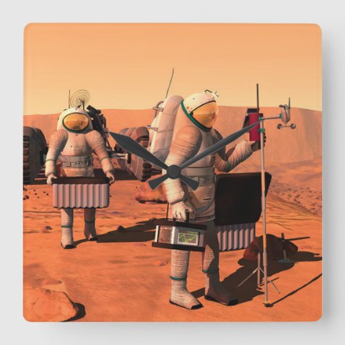 Astronauts Setting Up Weather Equipment On Mars Square Wall Clock