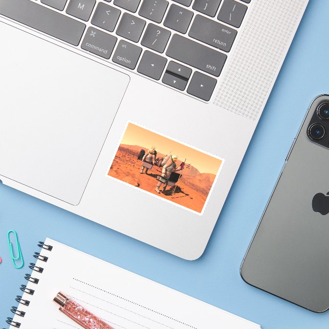 Astronauts Setting Up Weather Equipment On Mars. Sticker (Laptop w/ iPhone)