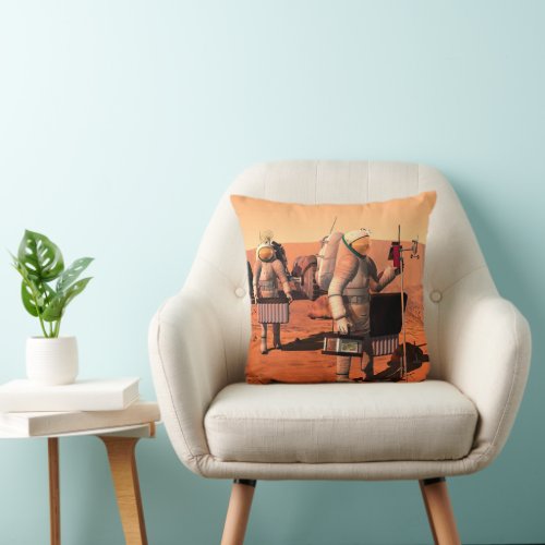 Astronauts Setting Up Weather Equipment On Mars Throw Pillow