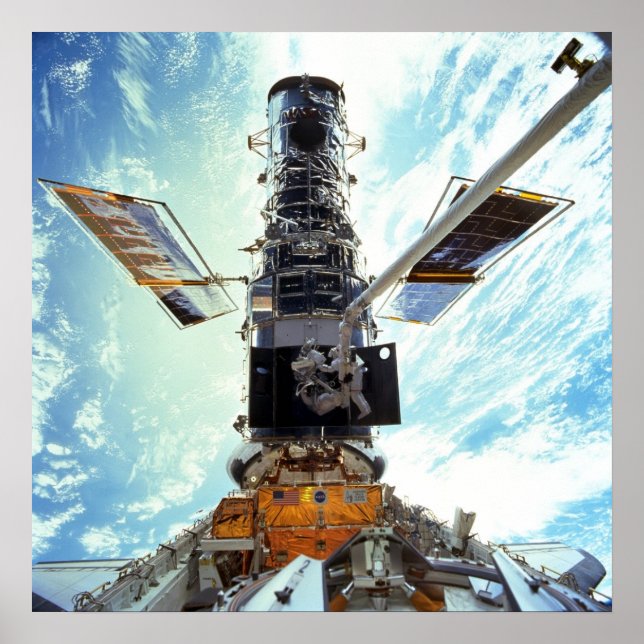 Astronauts work on the Hubble Space Telescope Poster (Front)