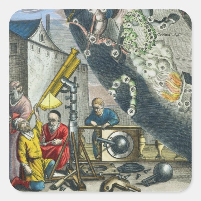 Astronomers looking through a telescope, detail fr square sticker (Front)