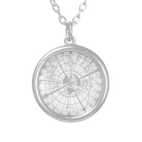 Astronomical clock gray silver plated necklace