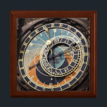 Astronomical Clock In Prague Keepsake Box<br><div class="desc">photography in black blue and orange. detailed color photography of a  historical,  medieval landmark,  an old astronomical clock in prague  in europe with blue,  orange,  and brown,  astrology signs  and roman numerals. photography in blacks blues and oranges.</div>