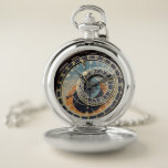 Astronomical Clock In Praque Pocket Watch<br><div class="desc">photography in black blue and orange. detailed color photography of a  historical,  medieval landmark,  an old astronomical clock in prague  in europe with blue,  orange,  and brown,  astrology signs  and roman numerals. photography in blacks blues and oranges.</div>