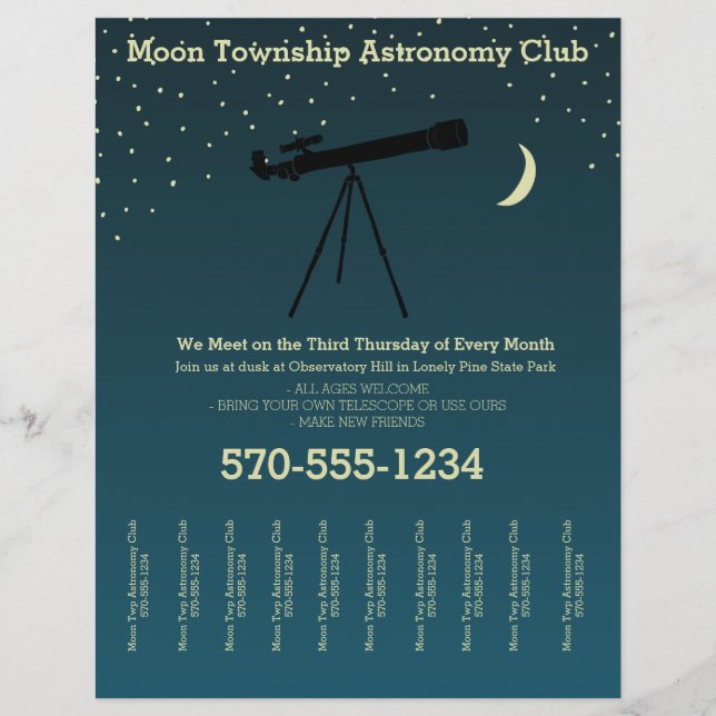 Astronomy Club Telescope and Stars Tear Off Strips Flyer (Front)