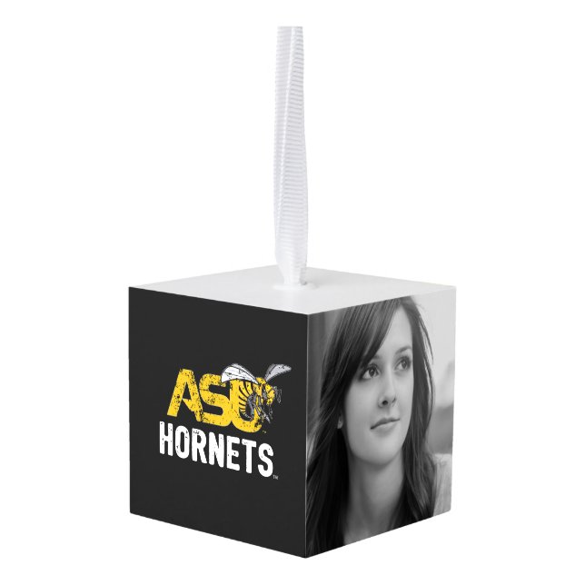ASU Hornet Mark Hornets Distressed Cube Ornament (Back Angled)