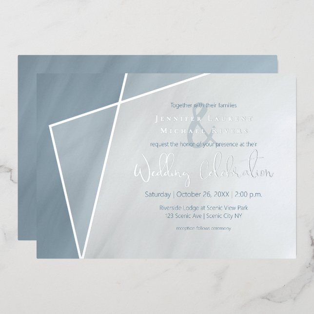 asymmetric frame dusty blue wedding with silver foil invitation (Front/Back)