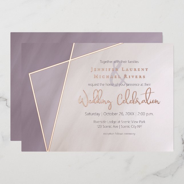 asymmetric frame muted plum with rose gold foil invitation (Front/Back)
