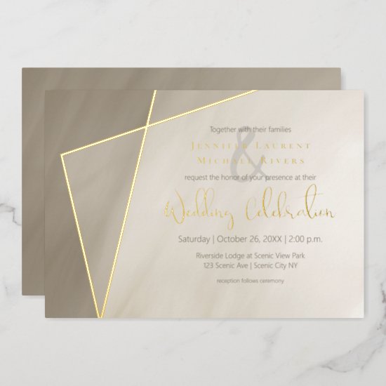 asymmetric gold frame wedding antique gray with gold foil invitation
