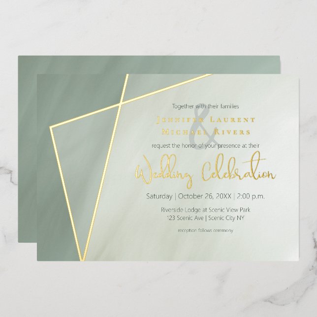 asymmetric gold frame grayed jade with gold foil invitation (Front/Back)