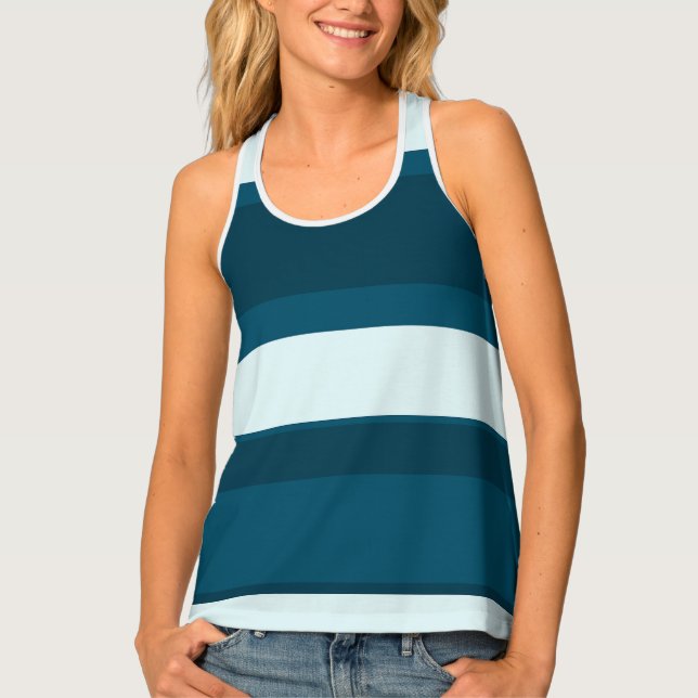 Asymmetric Stripes Horizontal Lines Sea Blue White Tank Top (Front)