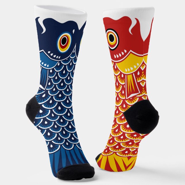 Asymmetrical Blue and Red Koinobori Carp Socks (Angled)
