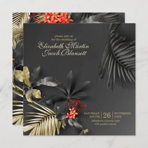 Asymmetrical Elegant Dark Tropical Floral Wedding Invitation