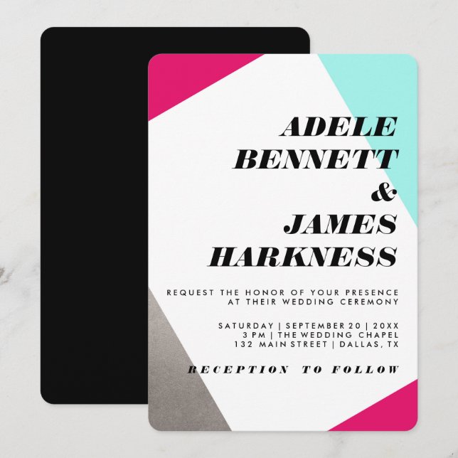 Asymmetrical Hot Pink Silver & Turquoise Wedding Invitation (Front/Back)