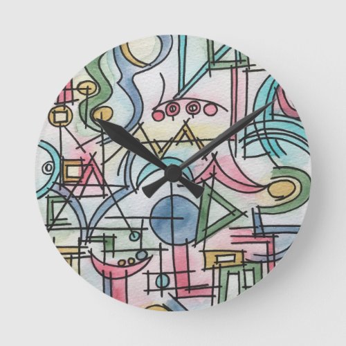 Asymmetry_Modern Bauhaus Geometric Watercolor Art Round Clock