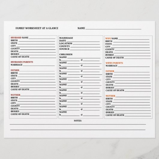 At A Glance Genealogy Family Tree Group Work Sheet (Front)