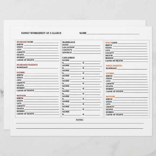 At A Glance Genealogy Family Tree Group Work Sheet (Front/Back)