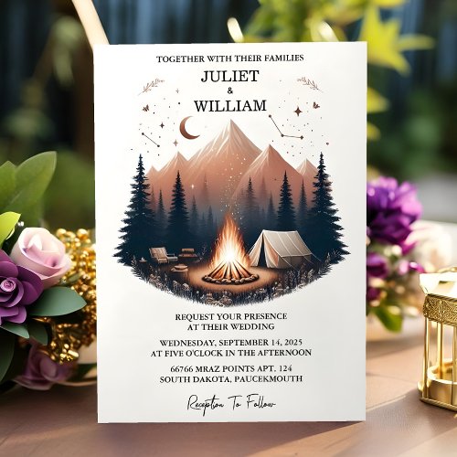 At Cabin Forest Wood Sky Tree Fire Camping Wedding Invitation