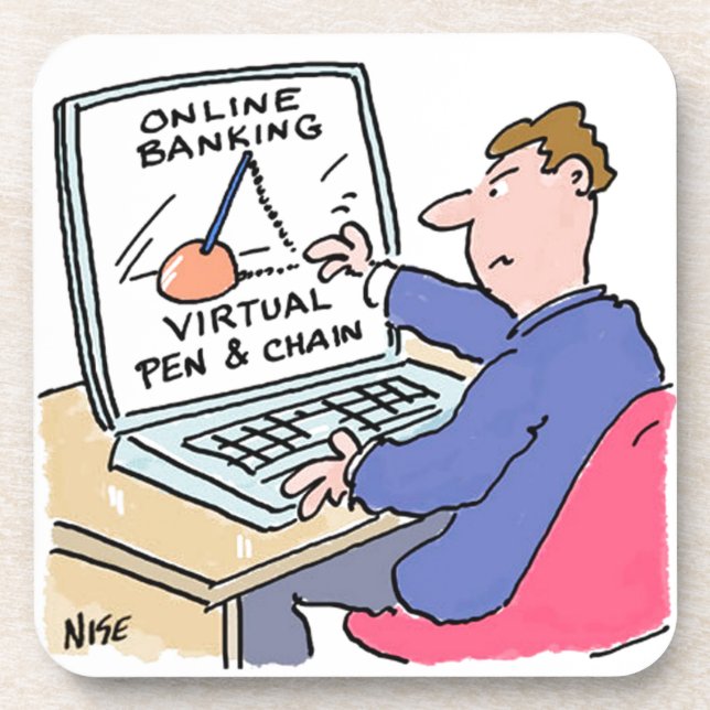 At Computer Online Banking Funny Cartoon Beverage Coaster (Front)