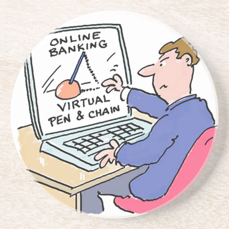 At Computer Online Banking Funny Cartoon Coaster | Zazzle