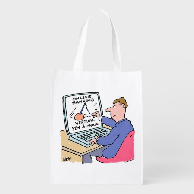 At Computer Online Banking Funny Cartoon Grocery Bag (Back)