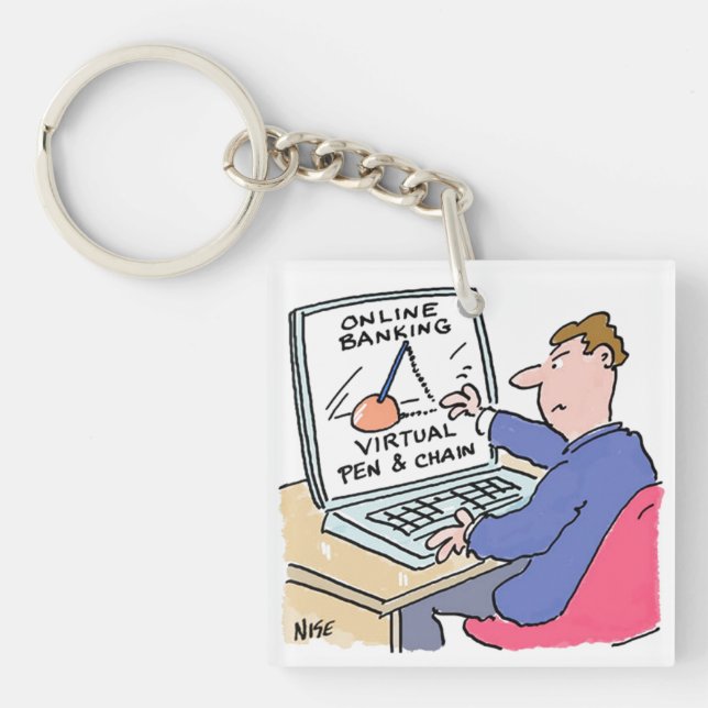 At Computer Online Banking Funny Cartoon Keychain (Front)