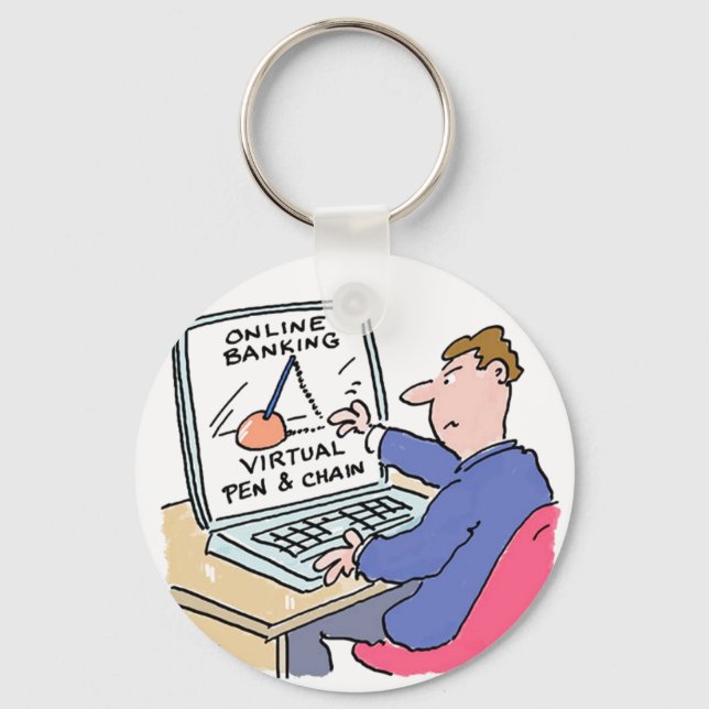 At Computer Online Banking Funny Cartoon Keychain (Front)