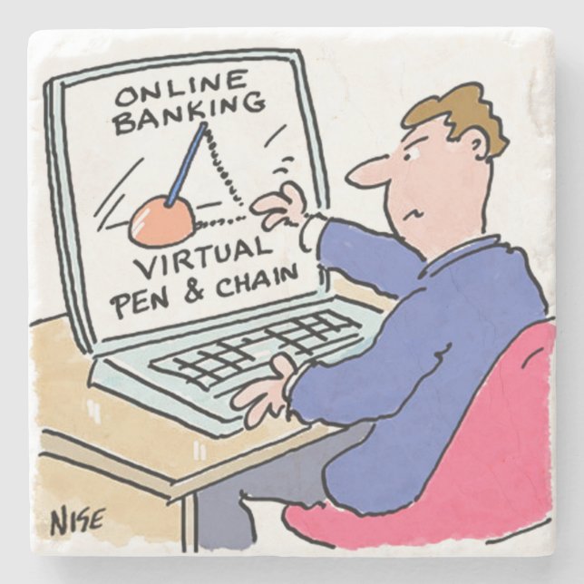 At Computer Online Banking Funny Cartoon Stone Coaster (Front)