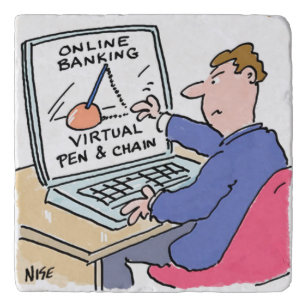 At Computer Online Banking Funny Cartoon Trivet