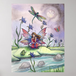 At Dusk Fairy Dragonfly Frog Poster Print