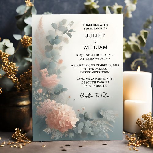 At Eucalyptus Lace Tulle Pastel Dusty Blue Wedding Invitation