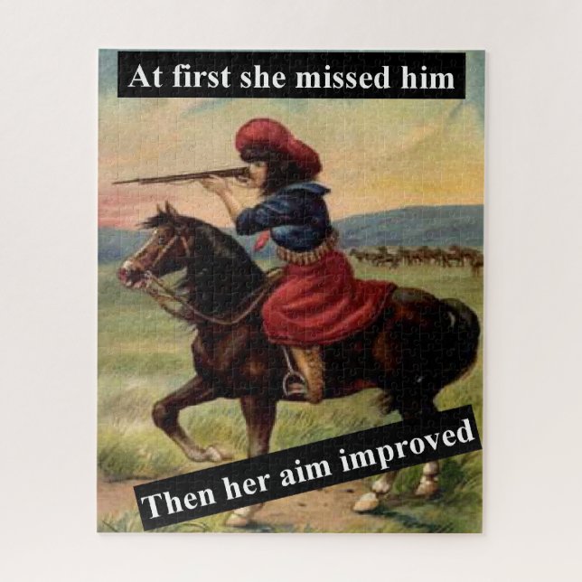 At First She Missed Him. Then Her Aim Improved Jigsaw Puzzle (Vertical)