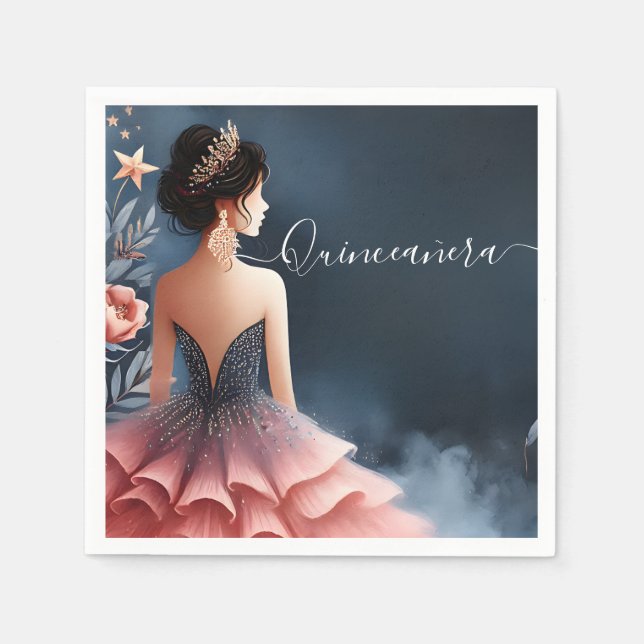 At Glam Ball Gown Spark Dark Navy Blue Quinceanera Napkins (Front)
