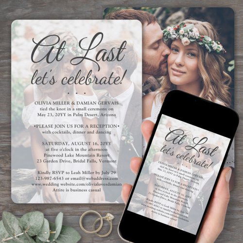 At Last 2 Photo Simple Overlay Wedding Celebration Invitation