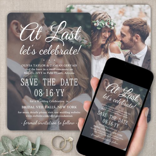 At Last 2 Photo Simple Overlay Wedding Celebration Save The Date