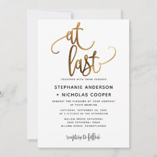 At Last Black Gold Script Typography Wedding Invitation
