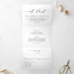 At Last Black Minimalist Script Wedding Tri-Fold Invitation
