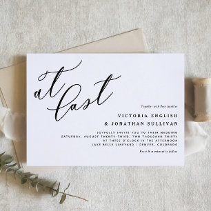 At Last Black Modern Calligraphy Wedding Invitation