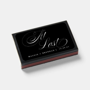At Last Black & White Script Calligraphy Wedding Matchboxes