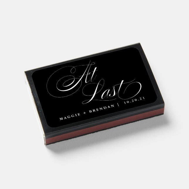 At Last Black & White Script Calligraphy Wedding Matchboxes (Front Closed)