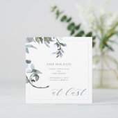 At Last Blue Floral Calligraphy Save the Date Card (Standing Front)