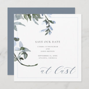 At Last Blue Floral Calligraphy Save the Date Card