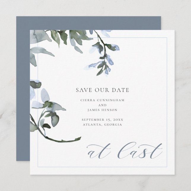 At Last Blue Floral Calligraphy Save the Date Card (Front/Back)