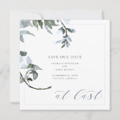 At Last Blue Floral Calligraphy Save the Date Card (Front)