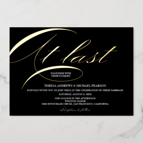 At last Calligraphy Elegant Typography Wedding Foil Holiday Card