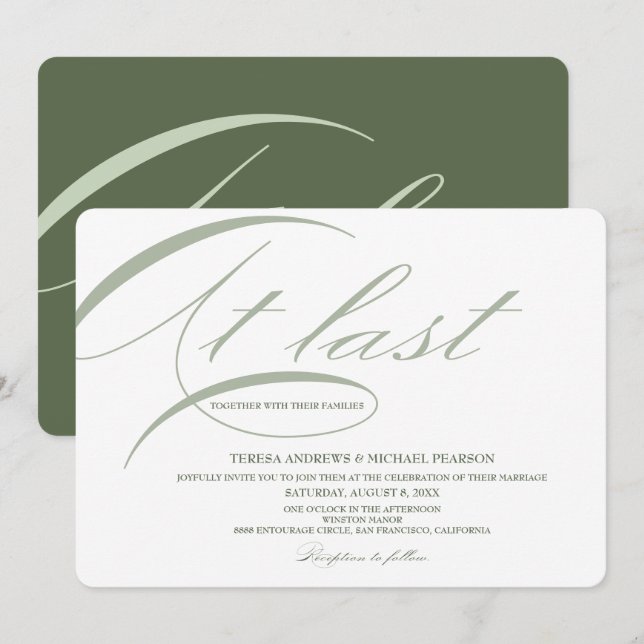 At last Calligraphy Modern Minimalist Sage Green Invitation (Front/Back)