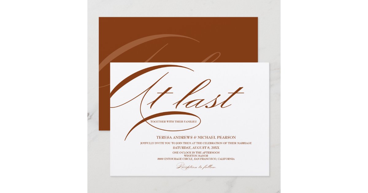 At last Calligraphy Rust red Minimalist Wedding Invitation | Zazzle