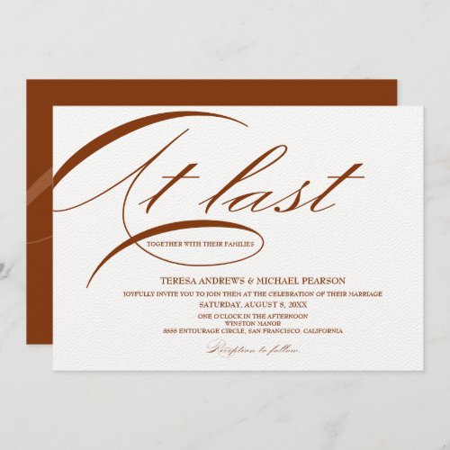 At last Calligraphy Rust red Minimalist Wedding Invitation